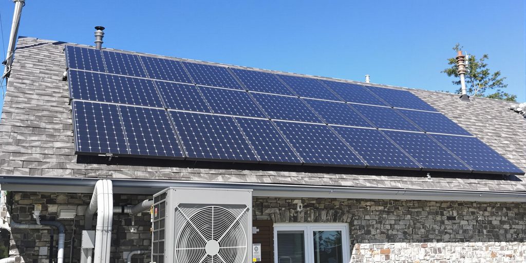 Wärmepumpe und Sonnenkollektoren installiert.