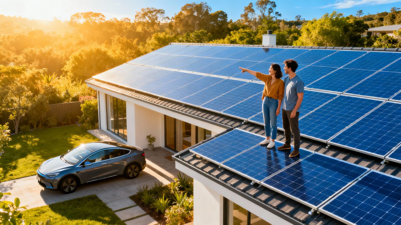 Roof with solar panels and smiling couple in front of the house