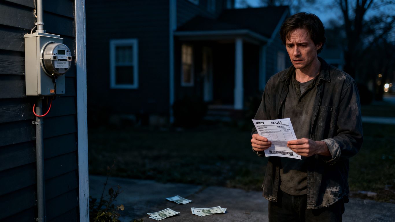 Worried person with bill in front of a dark house and meter