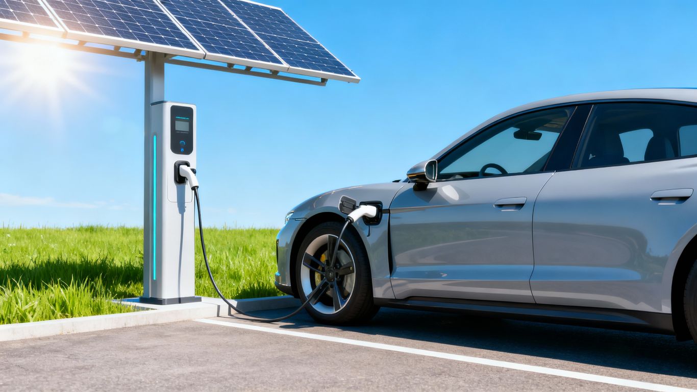 Coche eléctrico se carga con estación solar bajo el sol
