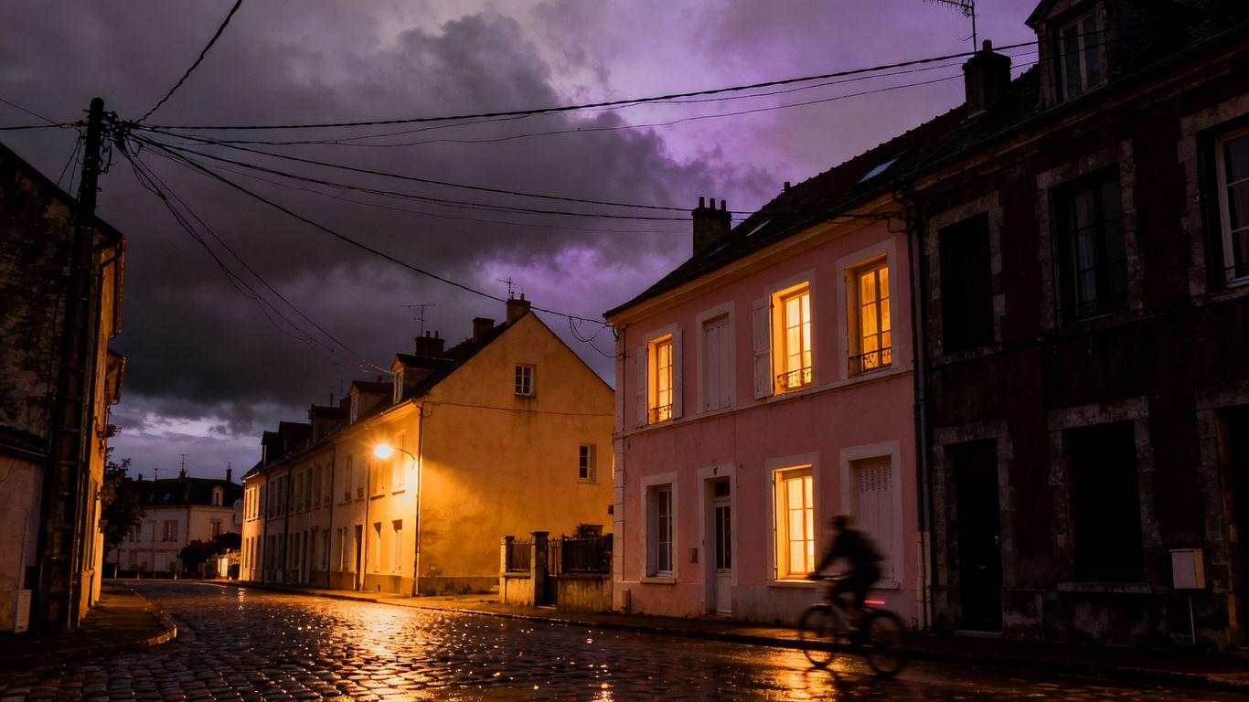 Französisches Viertel bei Nacht mit teilweise beleuchteten Häusern.