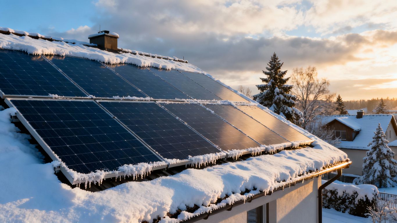 Paneles solares produciendo energía bajo la nieve invernal.
