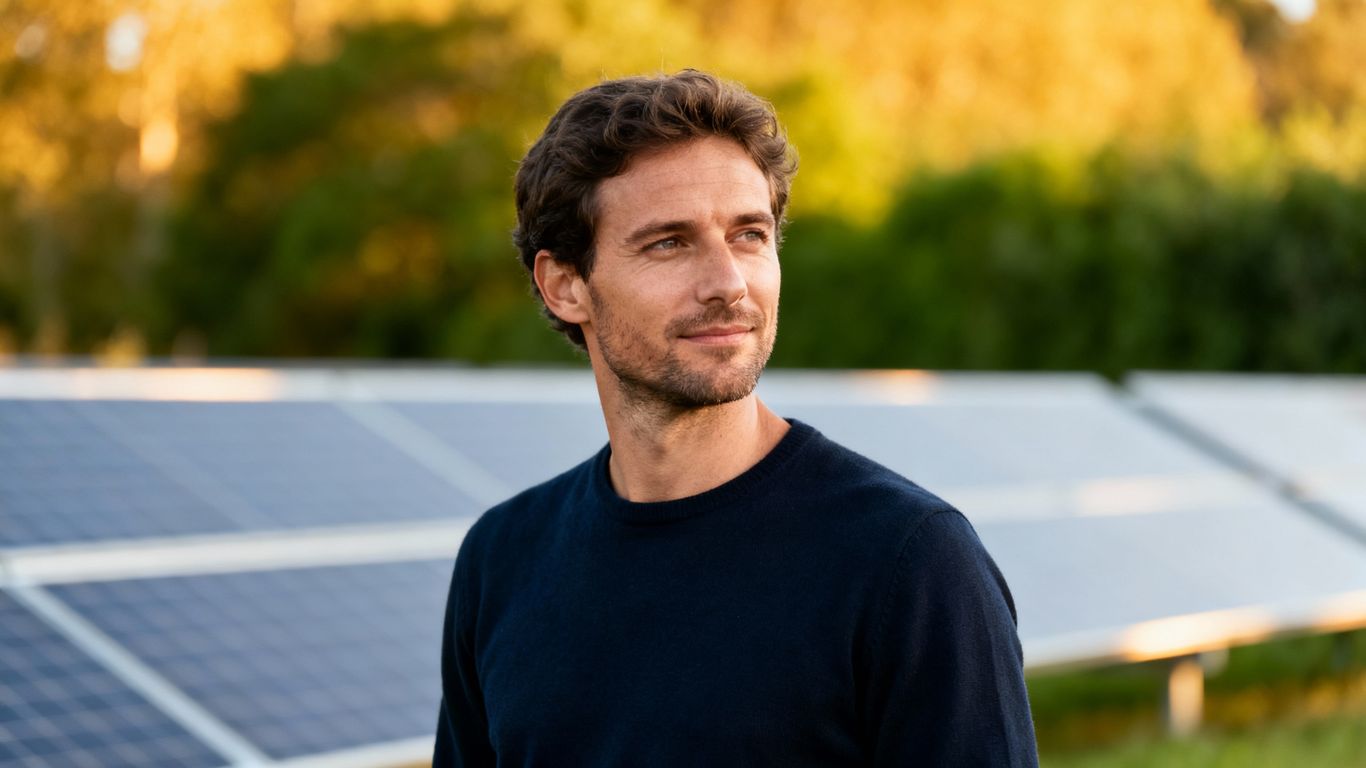 太陽光発電専門家 ヨアン・ブルドン、ソーラーパネルの前で
