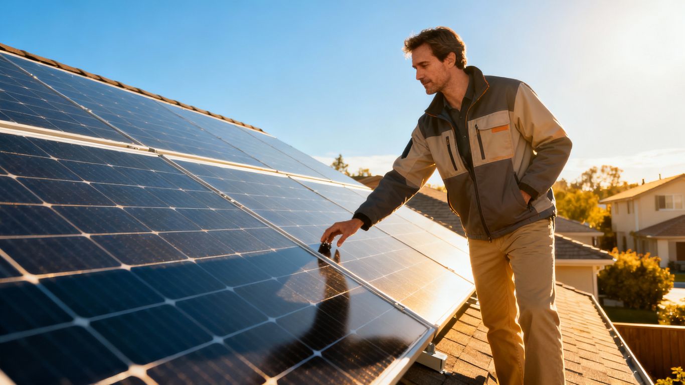 Energieexperte vor modernen Solarmodulen auf einem Dach