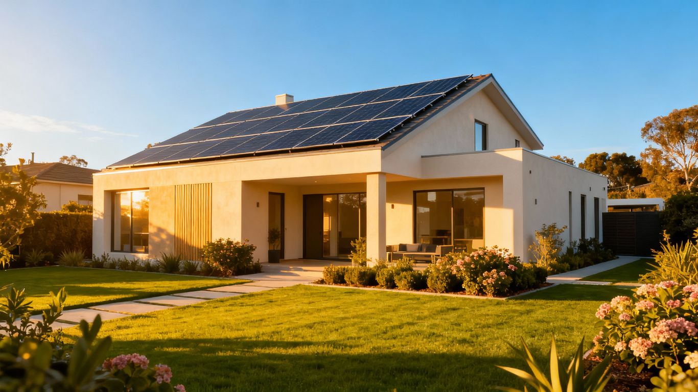 Casa nueva con paneles solares en el techo