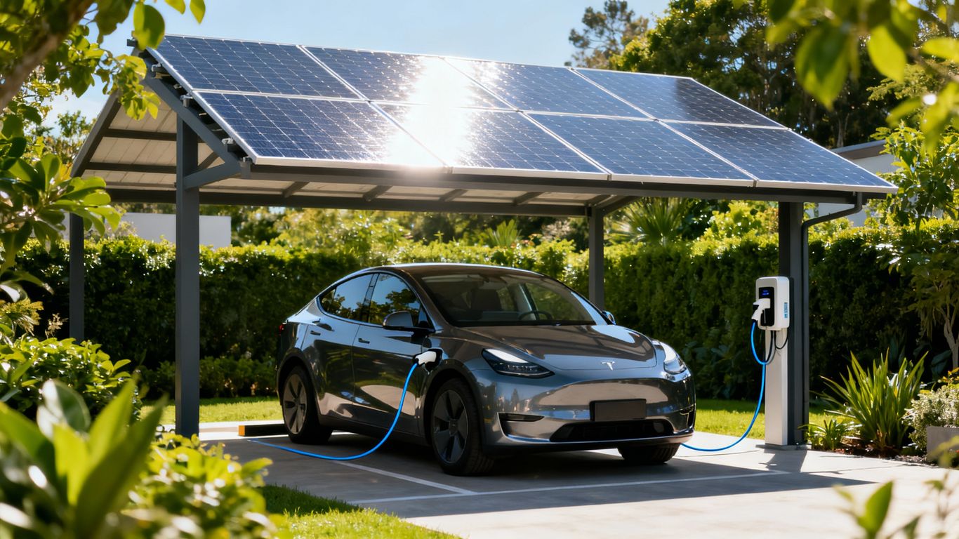 自然の中のソーラーシェルターの下で充電する電気自動車