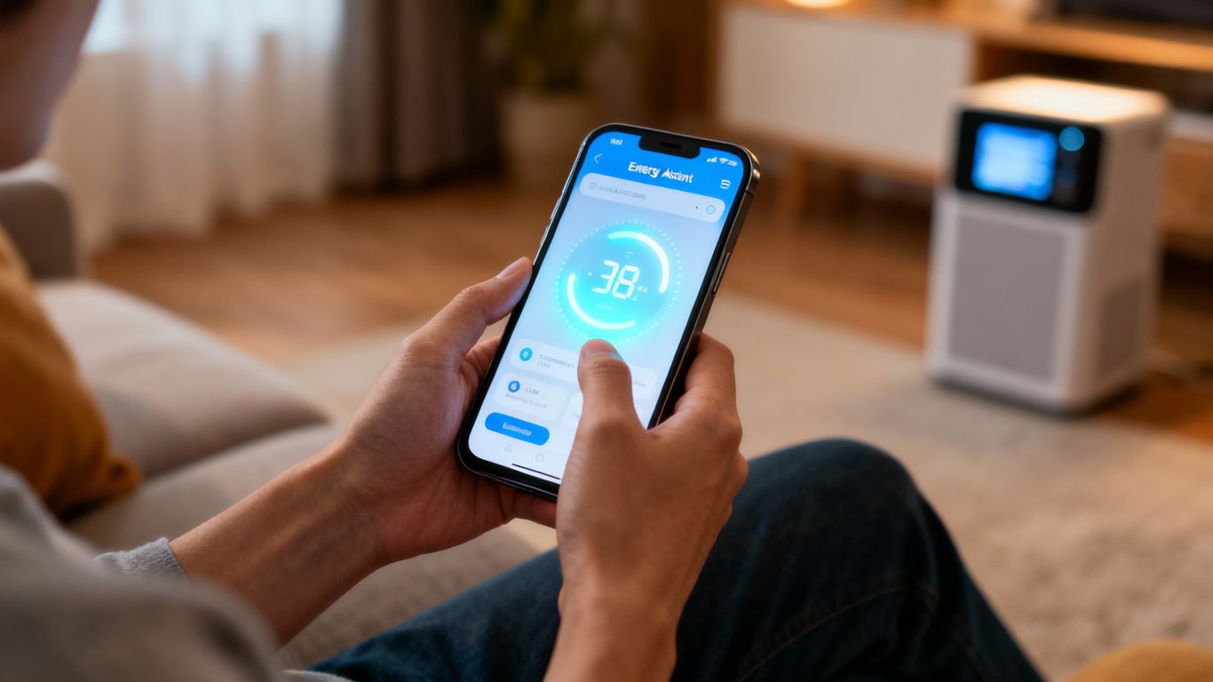 Una persona usa un'applicazione energetica sullo smartphone a casa.