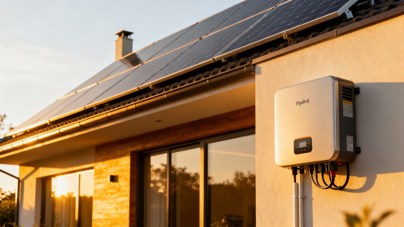 Inverter ibrido con pannelli solari e batterie.