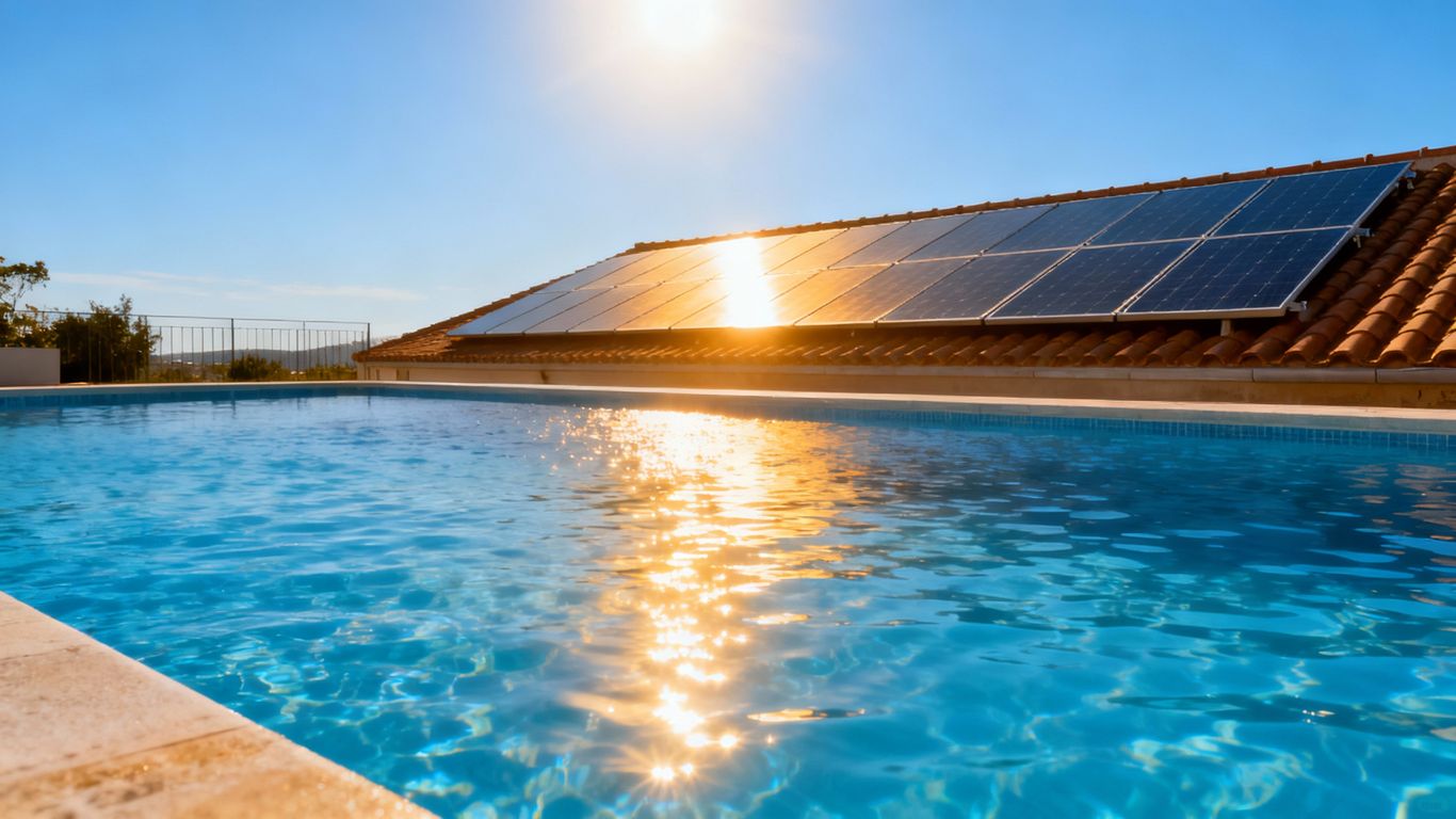 Paneles solares calentando una piscina azul bajo el sol.