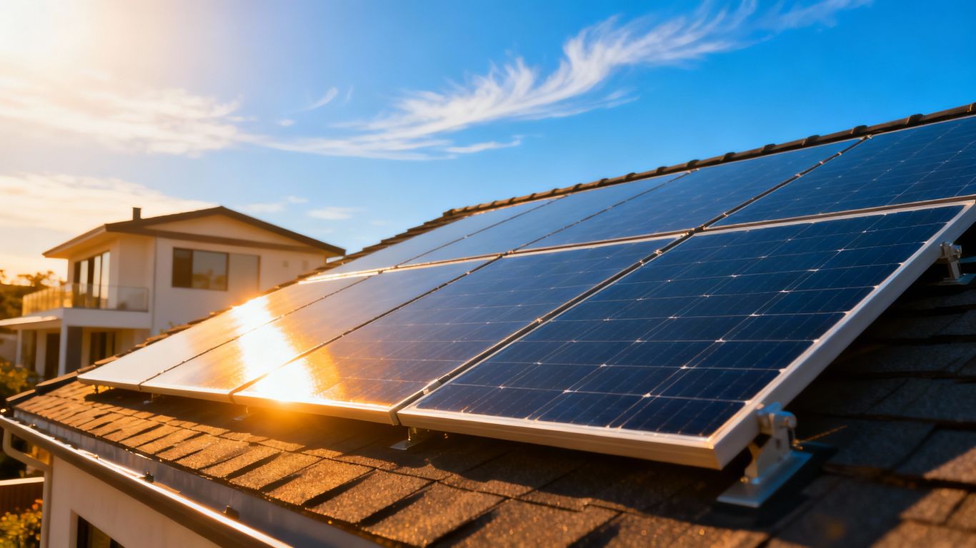 Solar panels on a sunny roof.