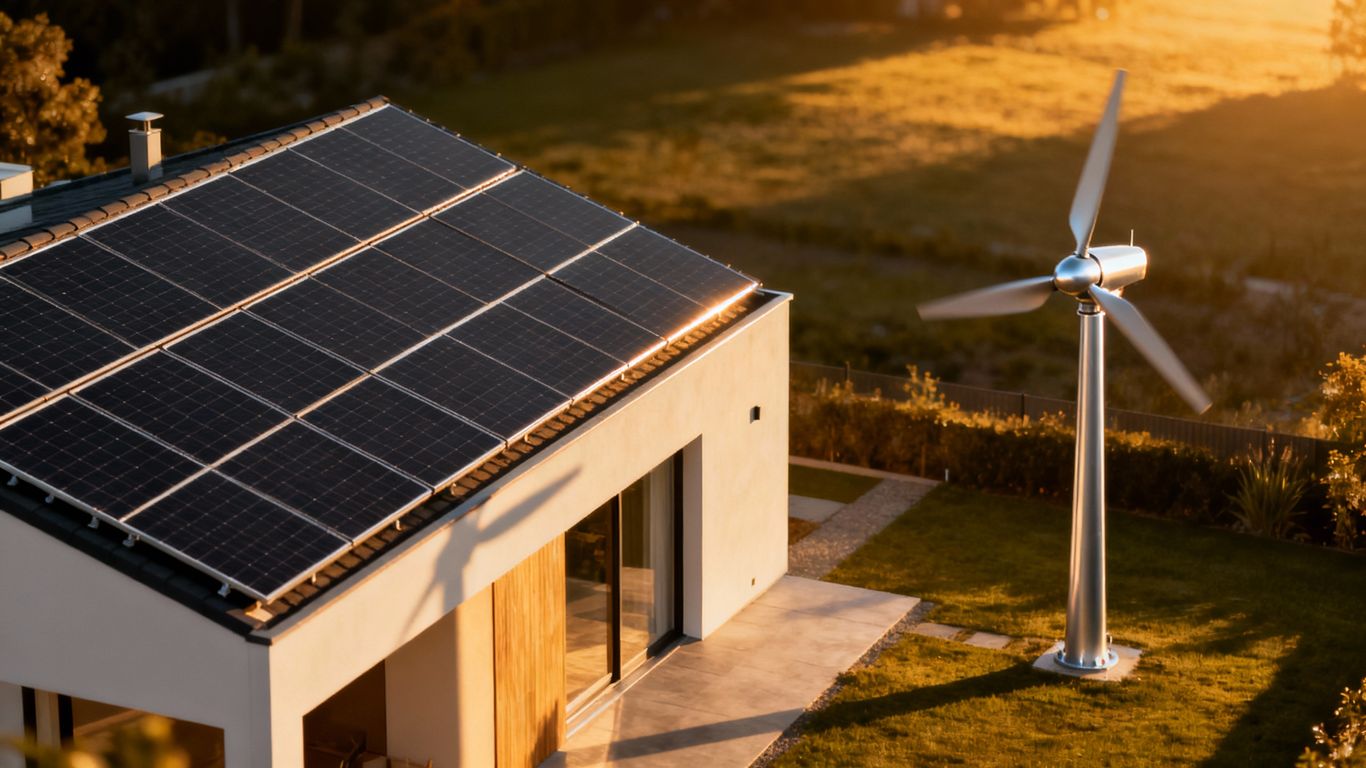 Haus mit Solarpaneelen und Kleinwindkraftanlage.