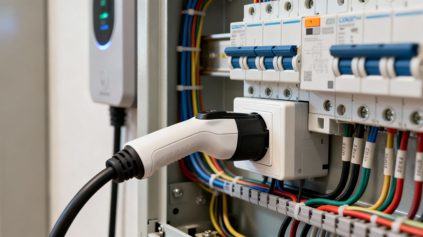 Electrical panel with charging outlet for electric vehicle.