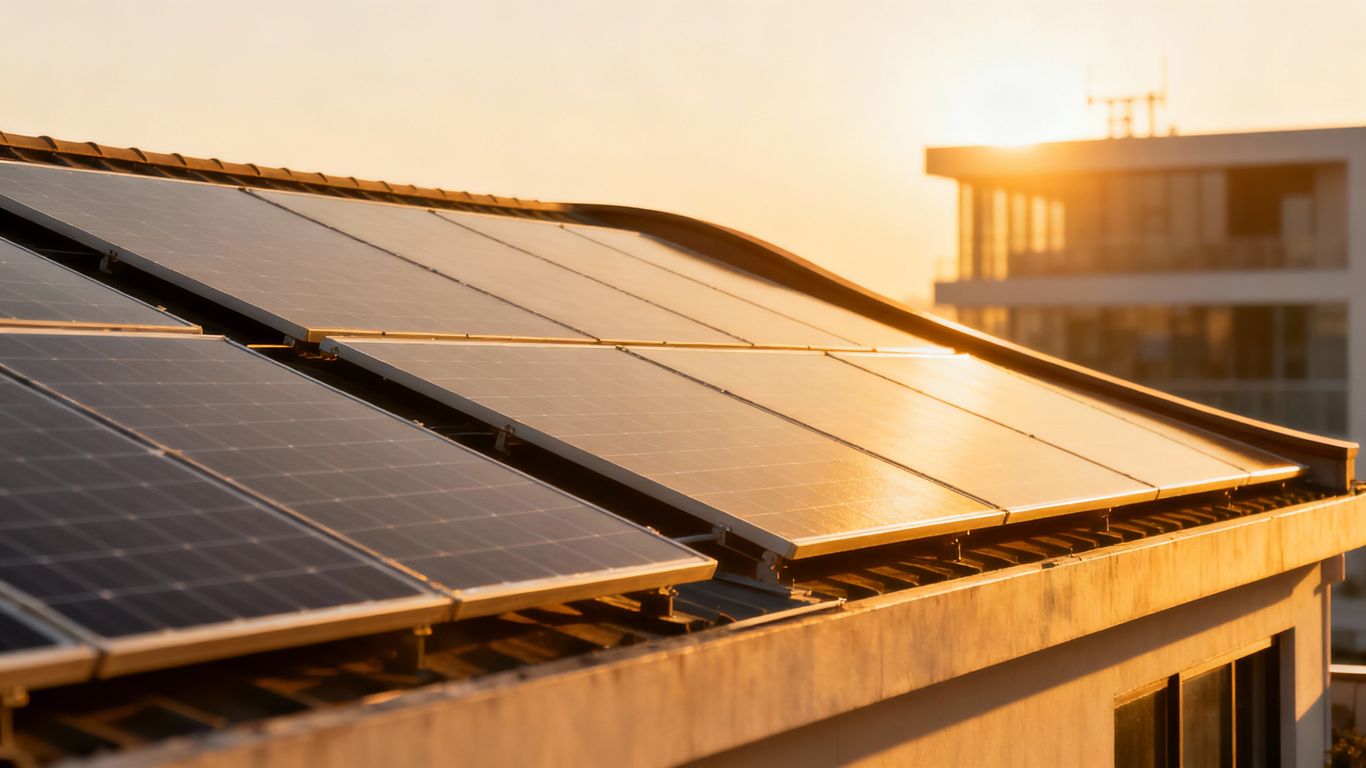 Solar panels on a roof under the sun.