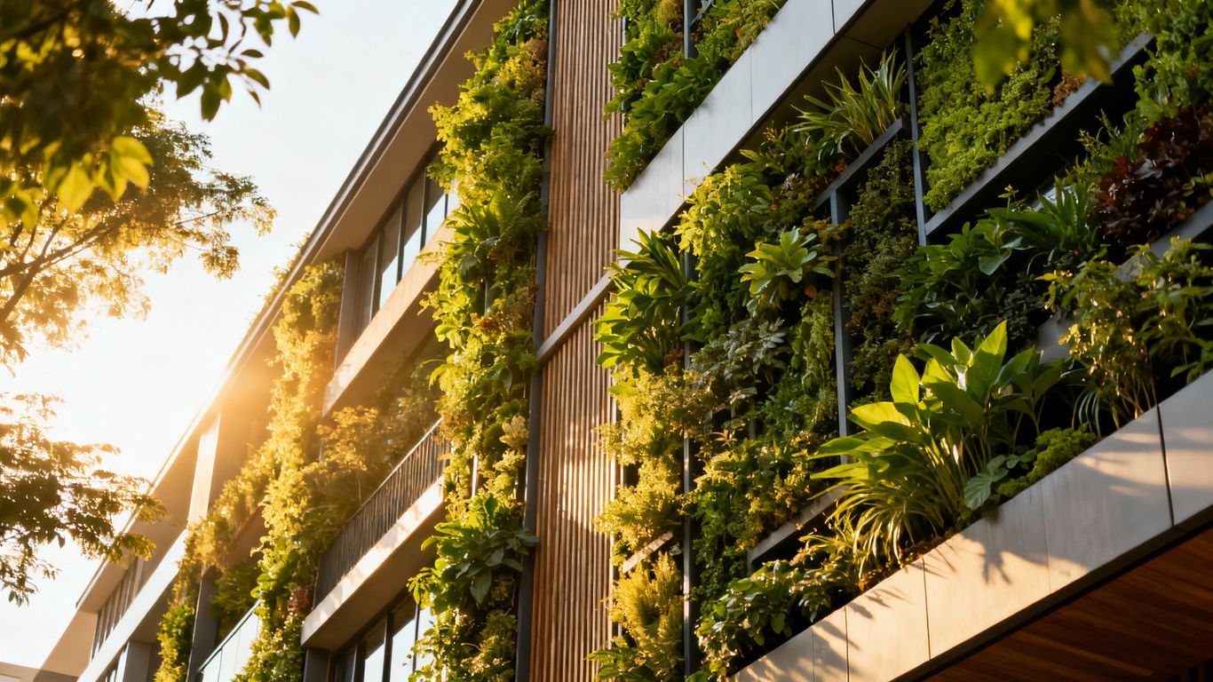 Edificio moderno con giardini verticali sulla facciata.