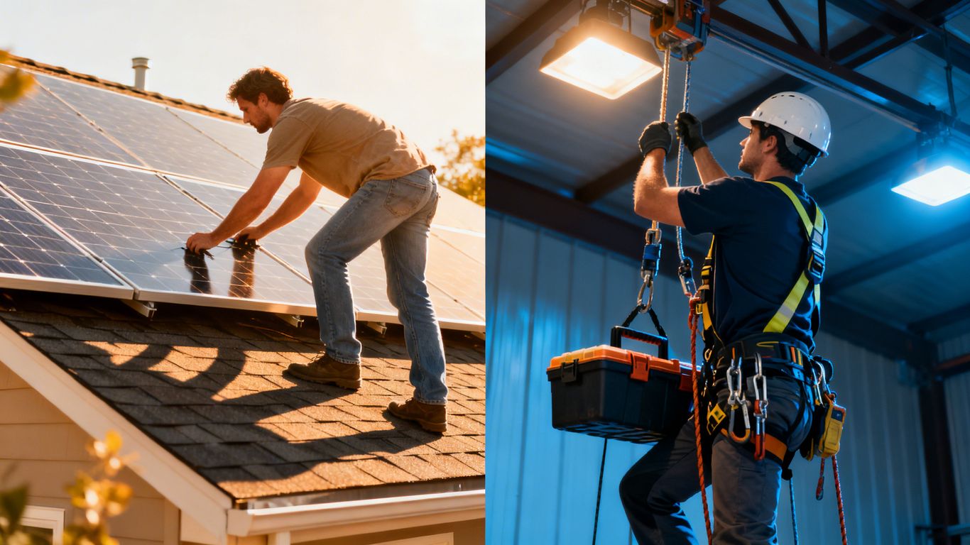 Deux personnes installent des panneaux solaires de façons différentes.