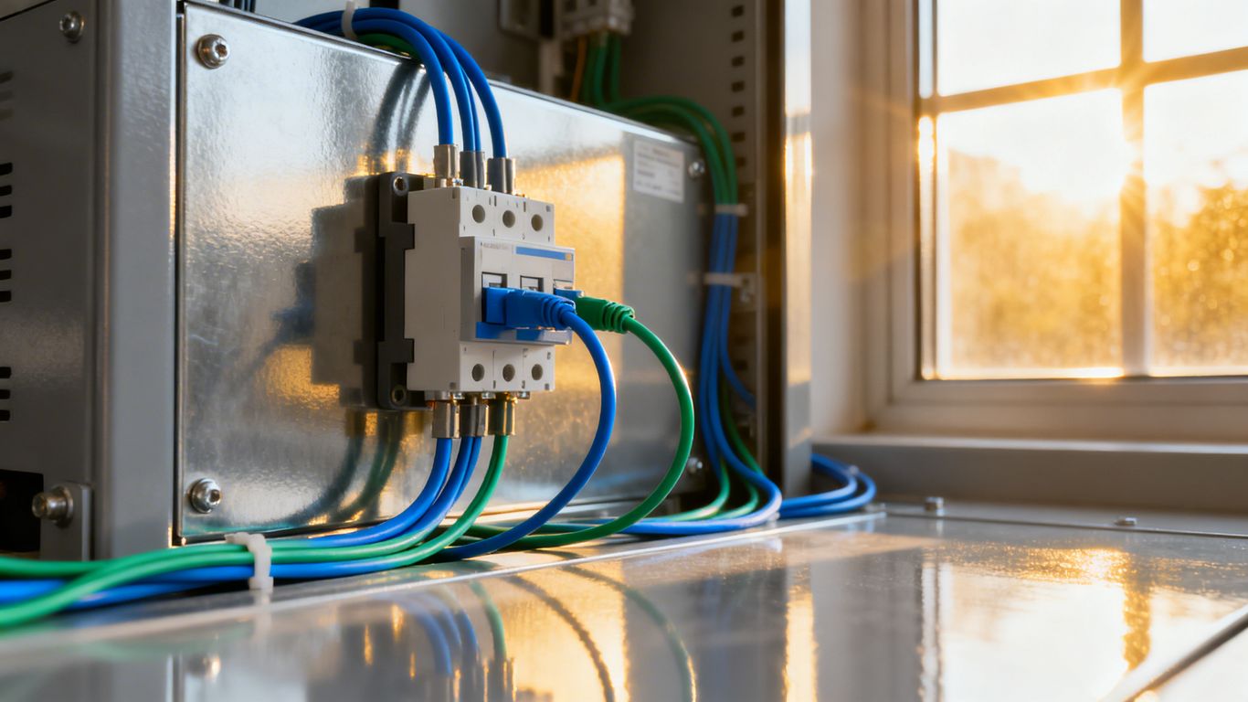 Modern electrical panel with connections for renewable energy.