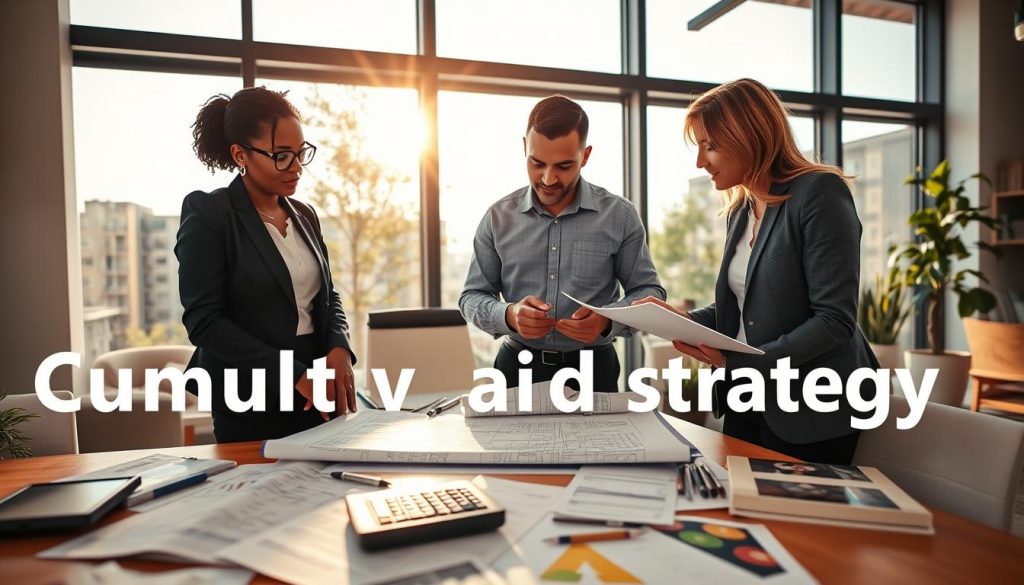 A collaborative scene depicting a professional environment focused on renovation assistance strategies. In the foreground, a diverse group of three professionals - a Black female architect in smart business attire, a Hispanic male contractor in a business casual shirt, and a Caucasian female financial advisor in a tailored suit - are engaged in a lively discussion over blueprints and documents, symbolizing the "cumulative aid strategy." The middle ground features detailed documents and tools, such as a calculator and energy efficiency guides, showcasing the assessment of various renovation aids. The background illustrates a modern office setting with large windows revealing a sunny day outside, creating a bright, optimistic atmosphere. Warm lighting enhances collaboration and focus on the strategizing process. The overall mood is one of hope and teamwork, central to maximizing renovation aid strategies. A collaborative scene depicting a professional environment focused on renovation assistance strategies. In the foreground, a diverse group of three professionals - a Black female architect in smart business attire, a Hispanic male contractor in a business casual shirt, and a Caucasian female financial advisor in a tailored suit - are engaged in a lively discussion over blueprints and documents, symbolizing the "cumulative aid strategy." The middle ground features detailed documents and tools, such as a calculator and energy efficiency guides, showcasing the assessment of various renovation aids. The background illustrates a modern office setting with large windows revealing a sunny day outside, creating a bright, optimistic atmosphere. Warm lighting enhances collaboration and focus on the strategizing process. The overall mood is one of hope and teamwork, central to maximizing renovation aid strategies.