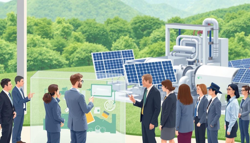 A detailed illustration depicting the concept of recycling solar panels, focusing on the economics of the process. In the foreground, a diverse group of professionals in business attire examines a transparent display of solar panel components. In the middle, a modern facility with large recycling machines processing solar panels, showcasing the transformation of materials. The background features a serene green landscape, highlighting sustainability. Soft, natural lighting emphasizes the professionalism and innovation within the recycling industry. A wide-angle perspective captures the collaborative atmosphere of the scene, conveying a sense of progress and responsibility in eco-participation. The overall mood is optimistic and forward-thinking, reflecting the importance of efficient recycling in the solar industry. A detailed illustration depicting the concept of recycling solar panels, focusing on the economics of the process. In the foreground, a diverse group of professionals in business attire examines a transparent display of solar panel components. In the middle, a modern facility with large recycling machines processing solar panels, showcasing the transformation of materials. The background features a serene green landscape, highlighting sustainability. Soft, natural lighting emphasizes the professionalism and innovation within the recycling industry. A wide-angle perspective captures the collaborative atmosphere of the scene, conveying a sense of progress and responsibility in eco-participation. The overall mood is optimistic and forward-thinking, reflecting the importance of efficient recycling in the solar industry.
