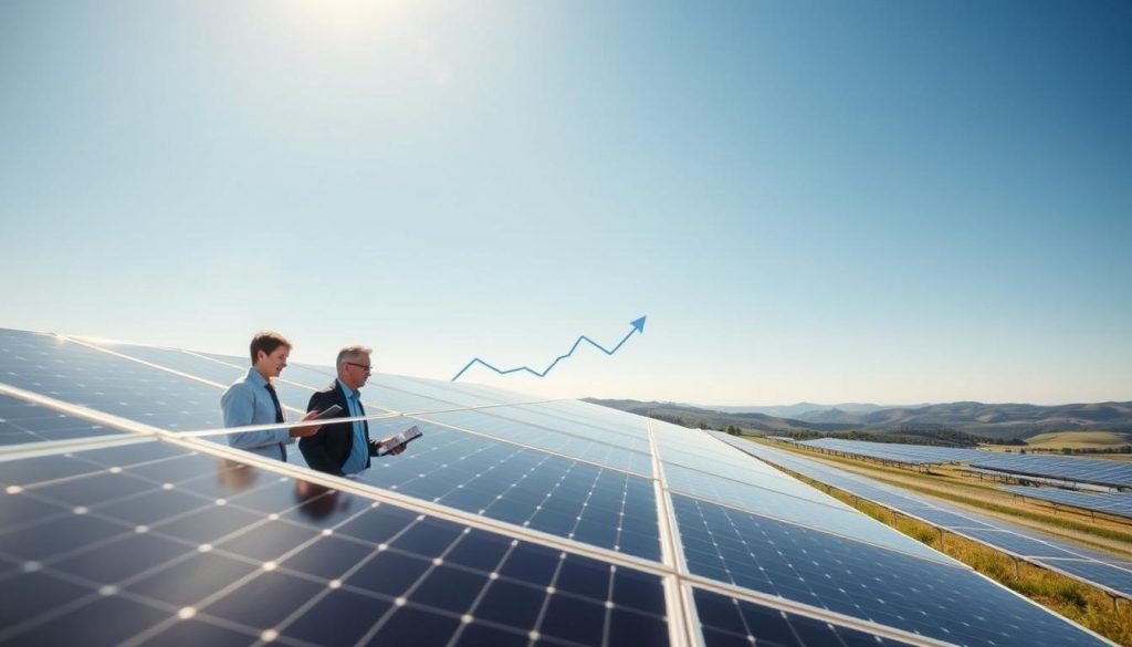 A detailed view of a solar power plant, showcasing large photovoltaic panels arranged in neat rows under a clear blue sky. In the foreground, a diverse group of three professionals in business attire, including men and women, are analyzing data on tablets and discussing the potential returns on investment. In the middle ground, the solar panels reflect sunlight, enhancing their gleaming appearance, while a graph displaying financial metrics subtly overlays the scene, hinting at calculations of profitability. The background features rolling hills and a distant horizon, symbolizing sustainability and green energy. Soft, natural lighting creates an optimistic mood, emphasizing growth and innovation. The angle is slightly elevated, capturing both the solar facility and the professionals engaged in discussion, illustrating the concept of calculating profitability and return on investment in renewable energy.