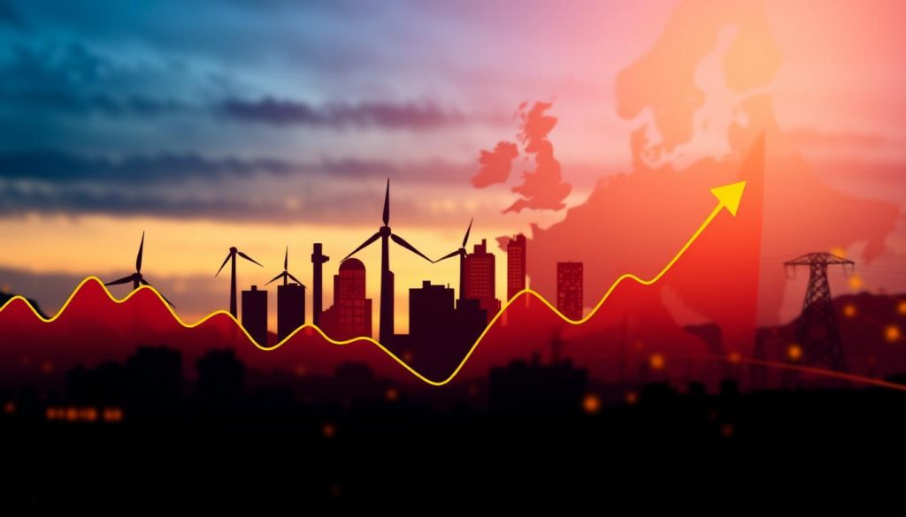 A dynamic and insightful illustration representing the European electricity spot price context, focusing on France. In the foreground, a stylized graph displays fluctuating electricity prices with upward and downward trend lines in vibrant colors. The middle ground features the silhouette of a city skyline, symbolizing urban energy consumption, with wind turbines and solar panels integrated into the architecture, showcasing renewable energy influence. The background consists of a blurred map of Europe, highlighting interconnected power grids. The scene is bathed in warm evening light, creating a sense of urgency and importance, with a deep blue sky transitioning to twilight. The overall atmosphere conveys an analytical yet optimistic mood regarding energy prices and sustainability. Ensure the image has no text or watermarks for clarity. A dynamic and insightful illustration representing the European electricity spot price context, focusing on France. In the foreground, a stylized graph displays fluctuating electricity prices with upward and downward trend lines in vibrant colors. The middle ground features the silhouette of a city skyline, symbolizing urban energy consumption, with wind turbines and solar panels integrated into the architecture, showcasing renewable energy influence. The background consists of a blurred map of Europe, highlighting interconnected power grids. The scene is bathed in warm evening light, creating a sense of urgency and importance, with a deep blue sky transitioning to twilight. The overall atmosphere conveys an analytical yet optimistic mood regarding energy prices and sustainability. Ensure the image has no text or watermarks for clarity.