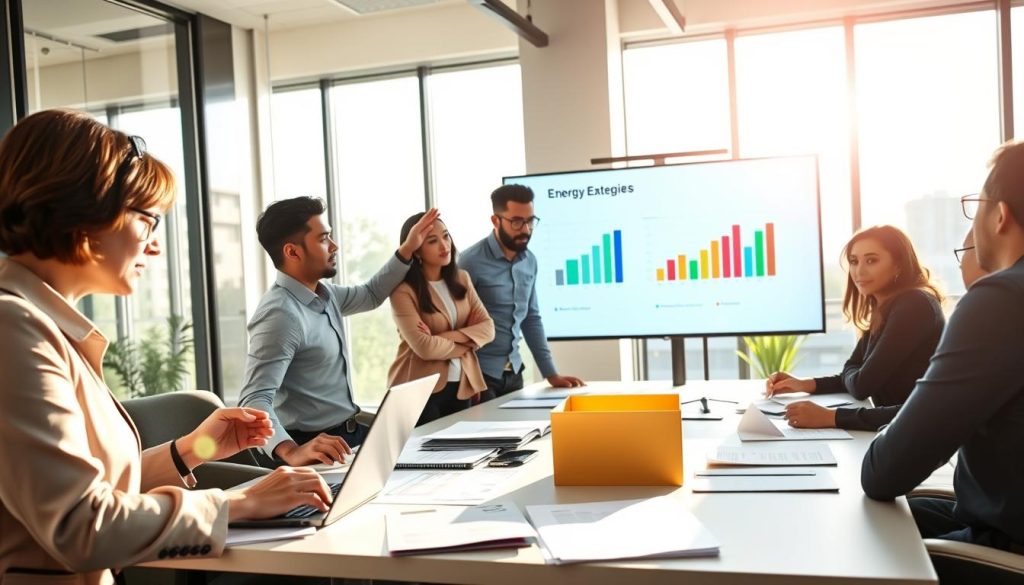A dynamic business meeting scene showcasing a diverse group of professionals engaged in discussion around energy management strategies for SMEs. In the foreground, a middle-aged woman in professional attire analyzes charts on a laptop, while a young man of Asian descent gestures towards a digital presentation displayed on a large screen. In the middle ground, a group of four others, representing various ethnic backgrounds, collaborates over a table filled with documents and energy-related materials. The background features a modern office environment with large windows allowing natural light to fill the room, creating an inspiring atmosphere. The lighting is bright and focused, highlighting the participants’ expressions of determination and teamwork. The overall mood is one of collaboration and innovation, emphasizing the importance of collective effort in achieving energy efficiency goals for small and medium enterprises.