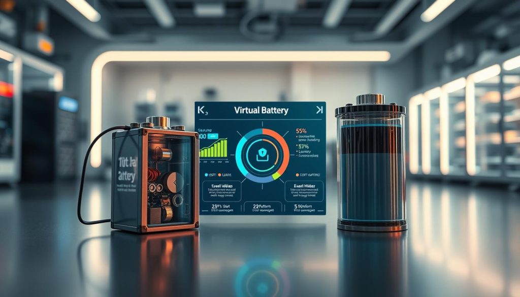 A dynamic comparison between a physical battery and a virtual battery setup. In the foreground, a sleek, modern physical battery with visible electrical components, conveying robustness and technology, placed alongside a digital interface representing a virtual battery, with glowing graphs and statistics. In the middle, an infographic-like representation illustrating key features of both battery types, such as cost, lifespan, and security, with distinct color coding. In the background, a futuristic laboratory setting with soft, ambient lighting enhancing the technological feel. The camera angle is slightly tilted to create a dynamic perspective, emphasizing the contrast between the tangible and the virtual. The atmosphere is informative and innovative, inviting viewers to consider both options critically.