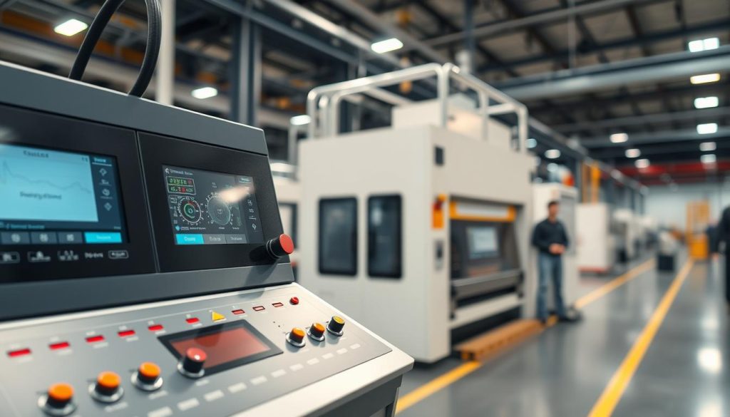 A modern electric press control system in a high-tech industrial setting. In the foreground, showcase a sleek control panel featuring LCD screens and digital gauges displaying real-time measurements. Ensure the panel has illuminated buttons and indicators for functionality. In the middle ground, include a streamlined electric press machine adorned with sensors and integrated measurement devices, emphasizing precision engineering. The background should depict an expansive factory environment with subtle motion blur, highlighting an efficient workflow. Use soft, focused lighting to create a professional and sophisticated atmosphere, capturing the essence of advanced manufacturing technology. The image should be composed from a slightly elevated angle, providing a comprehensive view while maintaining clarity and detail. A modern electric press control system in a high-tech industrial setting. In the foreground, showcase a sleek control panel featuring LCD screens and digital gauges displaying real-time measurements. Ensure the panel has illuminated buttons and indicators for functionality. In the middle ground, include a streamlined electric press machine adorned with sensors and integrated measurement devices, emphasizing precision engineering. The background should depict an expansive factory environment with subtle motion blur, highlighting an efficient workflow. Use soft, focused lighting to create a professional and sophisticated atmosphere, capturing the essence of advanced manufacturing technology. The image should be composed from a slightly elevated angle, providing a comprehensive view while maintaining clarity and detail.