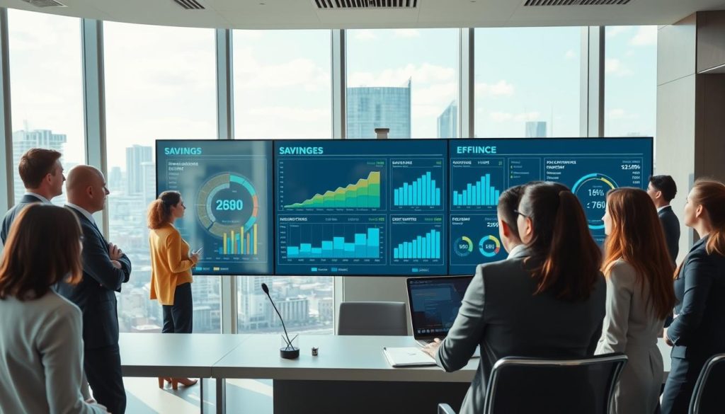 A modern office building's automation control room, with sleek digital dashboards displaying real-time energy consumption and savings metrics, conveying the concept of Return on Investment (ROI) in building automation. In the foreground, a diverse group of professionals in business attire, engaged in discussion and analyzing data on screens, highlighting collaboration. The middle showcases an interactive digital interface with graphs and statistics illustrating potential cost savings and efficiency improvements. The background features large windows offering a city skyline view, flooding the space with natural light and enhancing the atmosphere of innovation and optimism. The image should be bright, clean, and inspiring, capturing the essence of modern business efficiency and automation.