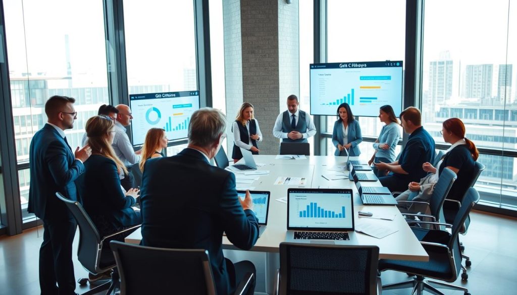 A modern office setting focused on selecting and deploying a GTB solution, highlighting criteria such as interoperability and scalability. In the foreground, a diverse group of professionals in business attire are engaged in a discussion, examining digital screens displaying charts and diagrams. The middle ground features a sleek conference table surrounded by papers and laptops showcasing graphs related to GTB criteria. The background reveals large windows letting in natural light, providing a bright and airy atmosphere. The overall mood is collaborative and analytical with a blend of technology and teamwork. The perspective is slightly elevated, capturing the dynamic interactions among the team. Bright, focused lighting emphasizes key elements, providing clarity to the details. A modern office setting focused on selecting and deploying a GTB solution, highlighting criteria such as interoperability and scalability. In the foreground, a diverse group of professionals in business attire are engaged in a discussion, examining digital screens displaying charts and diagrams. The middle ground features a sleek conference table surrounded by papers and laptops showcasing graphs related to GTB criteria. The background reveals large windows letting in natural light, providing a bright and airy atmosphere. The overall mood is collaborative and analytical with a blend of technology and teamwork. The perspective is slightly elevated, capturing the dynamic interactions among the team. Bright, focused lighting emphasizes key elements, providing clarity to the details.