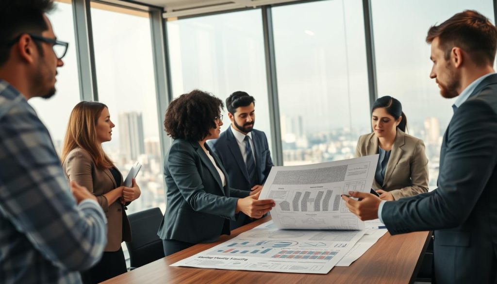 A modern office setting focused on social housing reform, showcasing diverse individuals in professional attire engaged in discussion. In the foreground, a diverse group of professionals, including a middle-aged woman of African descent and a young Caucasian man, are examining documents related to housing policies. The middle ground features a large conference table with blueprints and charts that illustrate social housing allocations and urban planning. In the background, a large window reveals a cityscape, hinting at ongoing urban development. Soft, natural lighting creates a collaborative atmosphere, enhancing the sense of urgency and importance in the discussion. The angle captures the dynamic exchange of ideas, emphasizing teamwork and strategic planning in the realm of social housing reform. A modern office setting focused on social housing reform, showcasing diverse individuals in professional attire engaged in discussion. In the foreground, a diverse group of professionals, including a middle-aged woman of African descent and a young Caucasian man, are examining documents related to housing policies. The middle ground features a large conference table with blueprints and charts that illustrate social housing allocations and urban planning. In the background, a large window reveals a cityscape, hinting at ongoing urban development. Soft, natural lighting creates a collaborative atmosphere, enhancing the sense of urgency and importance in the discussion. The angle captures the dynamic exchange of ideas, emphasizing teamwork and strategic planning in the realm of social housing reform.