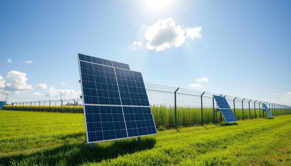 A modern, sleek scene showcasing bifacial solar panels in an innovative vertical installation. In the foreground, the panels glimmer under bright sunlight, reflecting light from both sides, highlighting their design and functionality. The middle ground features a neatly arranged vertical solar panel setup integrated into a boundary fence, surrounded by lush green fields or grass, emphasizing their environmental compatibility. The background displays a clear blue sky with a few fluffy clouds, enhancing the feeling of a sunny day. Soft shadows are cast on the ground, creating depth and a sense of realism. The overall mood is uplifting and futuristic, symbolizing the potential of sustainable technology. The image should convey professionalism and innovation while remaining calm and inviting. A modern, sleek scene showcasing bifacial solar panels in an innovative vertical installation. In the foreground, the panels glimmer under bright sunlight, reflecting light from both sides, highlighting their design and functionality. The middle ground features a neatly arranged vertical solar panel setup integrated into a boundary fence, surrounded by lush green fields or grass, emphasizing their environmental compatibility. The background displays a clear blue sky with a few fluffy clouds, enhancing the feeling of a sunny day. Soft shadows are cast on the ground, creating depth and a sense of realism. The overall mood is uplifting and futuristic, symbolizing the potential of sustainable technology. The image should convey professionalism and innovation while remaining calm and inviting.