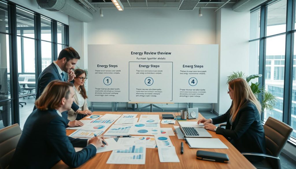 A professional office environment showcasing the three methodological steps for conducting an energy review. In the foreground, a diverse group of business professionals in formal attire collaborate over a large table filled with charts, graphs, and energy data. In the middle ground, a large whiteboard displays the steps of the energy review process, labeled clearly and organized visually. The background features a modern office with large windows, allowing natural light to flood the space, creating a bright atmosphere. The camera angle is slightly elevated, giving a broad perspective of teamwork in action. The mood is focused and collaborative, emphasizing the importance of energy efficiency and analysis.