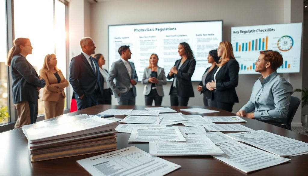 A professional office setting featuring a diverse group of individuals in business attire engaged in a discussion about photovoltaic regulations. In the foreground, a table is scattered with documents highlighting legislation and compliance checklists related to solar energy. The middle ground shows a large, modern window with natural light streaming in, illuminating the scene. In the background, a digital display presents key regulatory frameworks and graphs outlining photovoltaic installation processes. The atmosphere is focused and collaborative, with an emphasis on clarity and organization. The colors are soft, creating a productive and professional ambiance, captured from a slightly elevated angle to encompass the interaction and documents effectively. A professional office setting featuring a diverse group of individuals in business attire engaged in a discussion about photovoltaic regulations. In the foreground, a table is scattered with documents highlighting legislation and compliance checklists related to solar energy. The middle ground shows a large, modern window with natural light streaming in, illuminating the scene. In the background, a digital display presents key regulatory frameworks and graphs outlining photovoltaic installation processes. The atmosphere is focused and collaborative, with an emphasis on clarity and organization. The colors are soft, creating a productive and professional ambiance, captured from a slightly elevated angle to encompass the interaction and documents effectively.