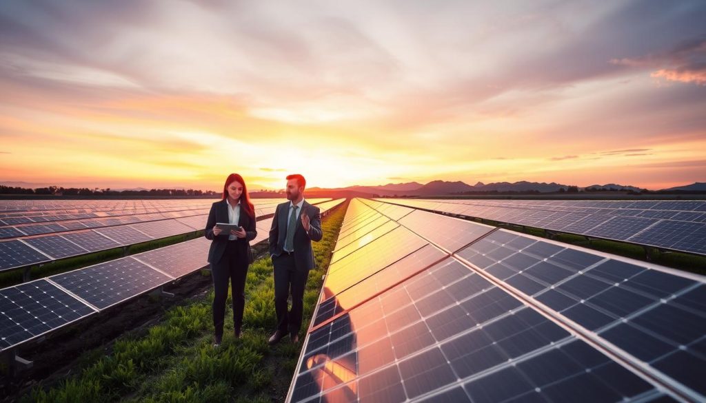 A solar power farm at sunset, showcasing rows of photovoltaic panels glistening in the warm light, symbolizing the concept of LCOE optimization. In the foreground, a diverse team of professionals in business attire, including a woman analyzing data on a tablet and a man adjusting a solar panel, engaged in a strategic discussion. In the middle ground, a well-organized array of solar panels is surrounded by green fields, with a serene landscape backdrop of distant hills and a vibrant sky transitioning from orange to purple. Soft, diffused lighting creates a hopeful and innovative atmosphere, emphasizing teamwork and cutting-edge technology. The image should be wide-angle to capture the expanse of the solar farm.