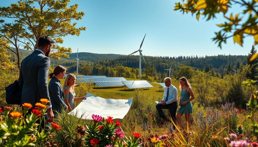 A vibrant and harmonious landscape showcasing a renewable energy project that respects biodiversity. In the foreground, a diverse group of professionals in business attire is examining a detailed map and discussing their plans, surrounded by thriving native plants and flowers. The middle ground features a wind farm with sleek turbines turning gently in the breeze, while solar panels glisten under the sunlight, all integrated seamlessly into the natural environment. In the background, a lush forest and a clear blue sky create a tranquil atmosphere. The scene is illuminated by warm, inviting sunlight, casting soft shadows that highlight the cooperation between modern technology and nature, embodying a commitment to sustainability and environmental respect.