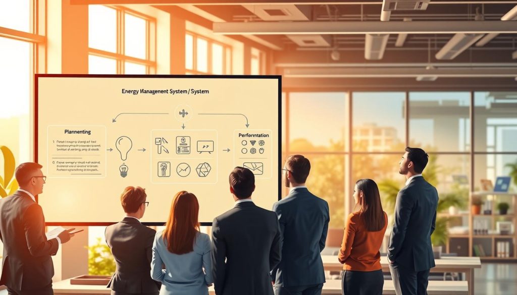 A visually informative illustration depicting the four key steps for implementing an energy management system under ISO 50001. In the foreground, feature a diverse group of professionals in business attire discussing a flowchart on a large screen, emphasizing collaboration and engagement. The middle section reveals detailed visuals of each step, presented as icons or diagrams like planning, implementation, performance evaluation, and continual improvement, with arrows connecting them. In the background, depict an office environment bathed in warm, natural lighting, showcasing green energy concepts like solar panels and energy-efficient appliances through windows. The overall atmosphere should be focused, educational, and motivational, with a clear sense of structure and professionalism.