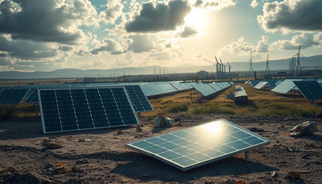 A visually striking illustration showcasing the limitations and disadvantages of solar energy. In the foreground, a broken solar panel lies discarded on the ground, reflecting wear and tear. In the middle ground, a partially cloudy sky casts uneven light, with some solar panels barely catching the sun’s rays. Scattered near the panels are visuals of industrial waste, symbolizing ecological concerns. The background features a vast landscape with a mix of solar farms and traditional power plants, inviting contemplation of energy sources. Soft shadows enhance the scene’s mood, creating a feeling of ambivalence about solar energy. The composition should maintain a balanced focus, showcasing both technology and environmental impact, captured with a wide-angle lens to emphasize the contradiction.