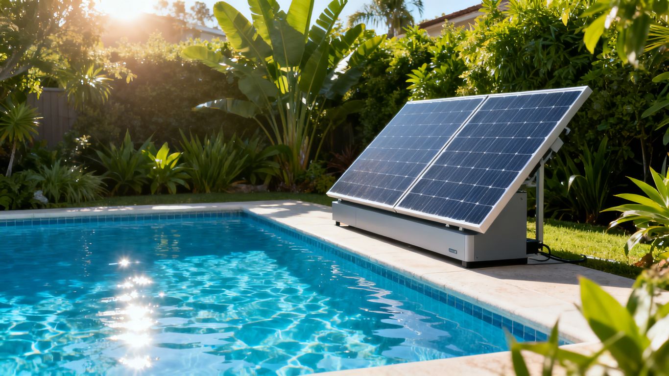 Kit solar fotovoltaico para piscina, agua azul, jardín