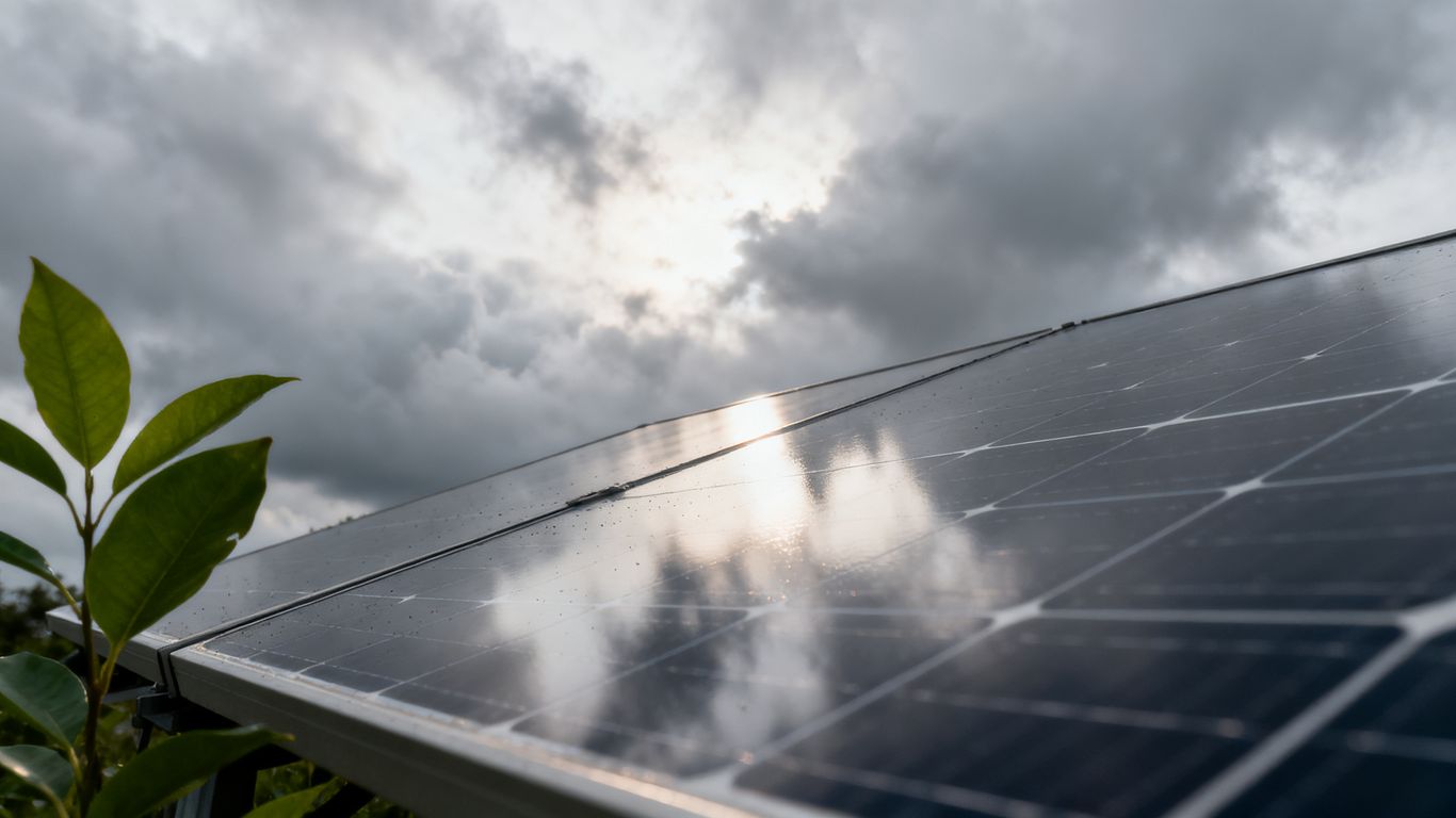 Solarpanel unter einem bedeckten Himmel, diffuses Licht.