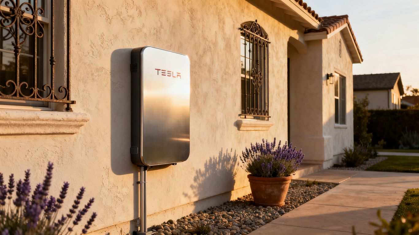 Tesla Powerwall en una pared exterior de una casa en Francia