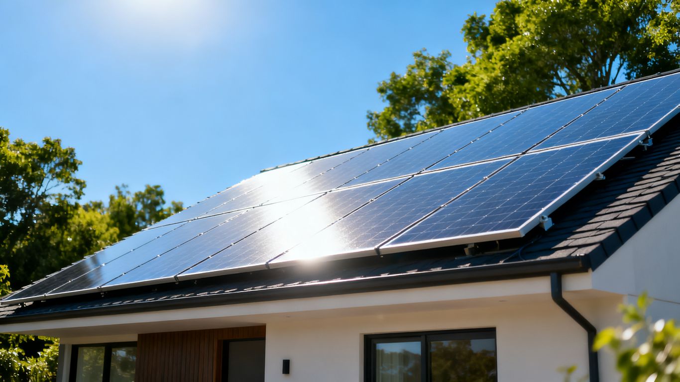 Modern solar panels on a roof under a blue sky