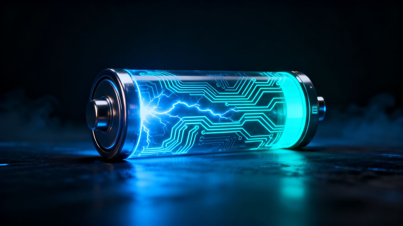 Futuristische ewige Batterie mit leuchtenden internen Schaltkreisen.